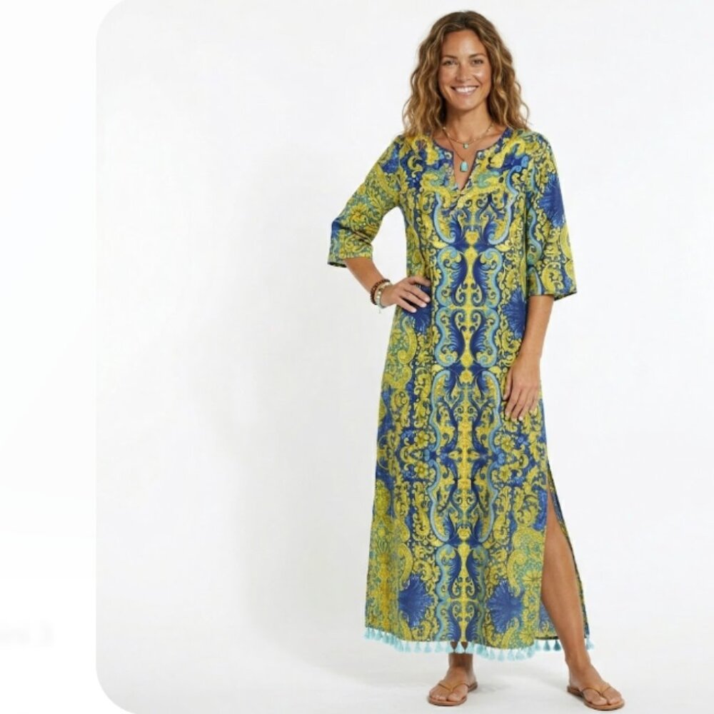 Antica Sartoria Medium Blue Yellow Boho Side Slit Kaftan Dress Vacation‎ Resort